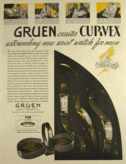 1935 Gruen Curvex Men's Watch Ad, Vintage Jewelry & Pen Ads
