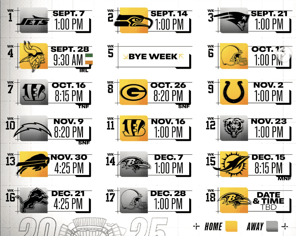 Lee más sobre el artículo Calendario completo de los Pittsburgh Steelers para la temporada 2025