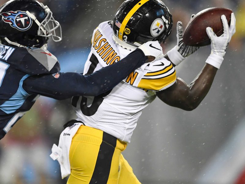 Pittsburgh Steelers wide receiver James Washington (13) pulls in a touchdown catch defended by Tennessee Titans defensive back Kenneth Durden (20) during the first quarter of a preseason game at Nissan Stadium Sunday, Aug. 25, 2019 in Nashville, Tenn.

Gw59723
