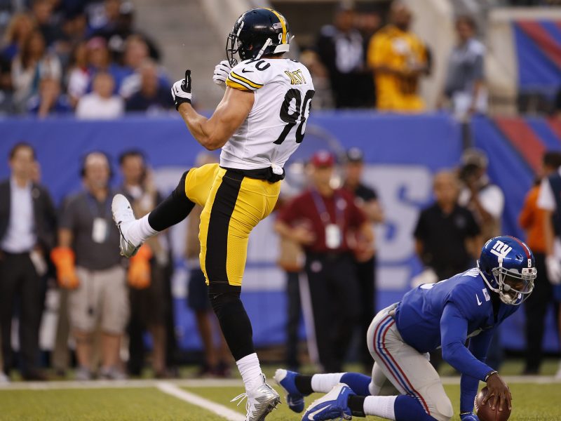 EAST RUTHERFORD, NJ - AUGUST 11: T.J. Watt #90 of the Pittsburgh Steelers reacts after sacking quarterback Josh Johnson #8 of the New York Giants during the first quarter of an NFL preseason game at MetLife Stadium on August 11, 2017 in East Rutherford, New Jersey. (Photo by Rich Schultz/Getty Images)