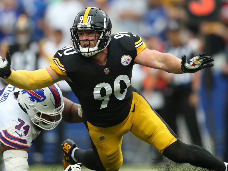 Pittsburgh Steelers outside linebacker T.J. Watt (90) tries to get around Buffalo Bills offensive tackle Cody Ford (74) during the first half of an NFL football game in Orchard Park, N.Y., Sunday, Sept. 12, 2021. (AP Photo/Joshua Bessex)