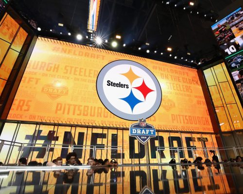 ARLINGTON, TX - APRIL 26:  The Pittsburgh Steelers logo is seen on a video board during the first round of the 2018 NFL Draft at AT&T Stadium on April 26, 2018 in Arlington, Texas.  (Photo by Ronald Martinez/Getty Images)