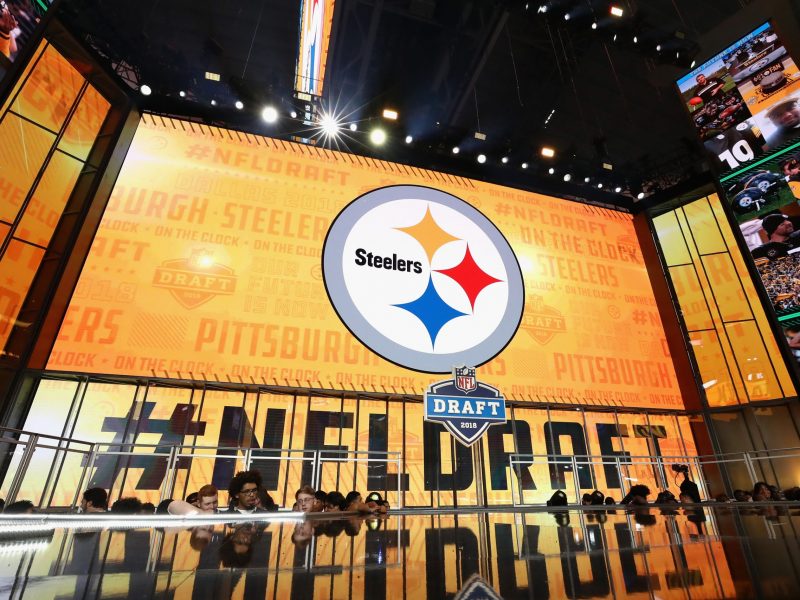 ARLINGTON, TX - APRIL 26:  The Pittsburgh Steelers logo is seen on a video board during the first round of the 2018 NFL Draft at AT&T Stadium on April 26, 2018 in Arlington, Texas.  (Photo by Ronald Martinez/Getty Images)