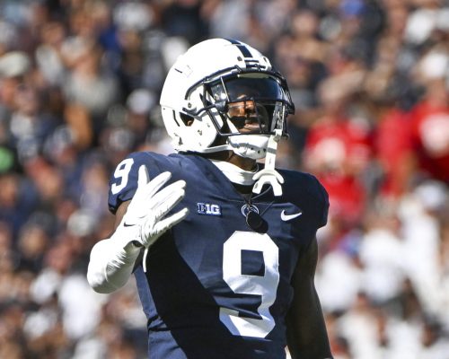 Penn State cornerback Joey Porter Jr. (9) reacts against Ohio State during an NCAA college football game, Saturday, Oct. 29, 2022, in State College, Pa. (AP Photo/Barry Reeger)