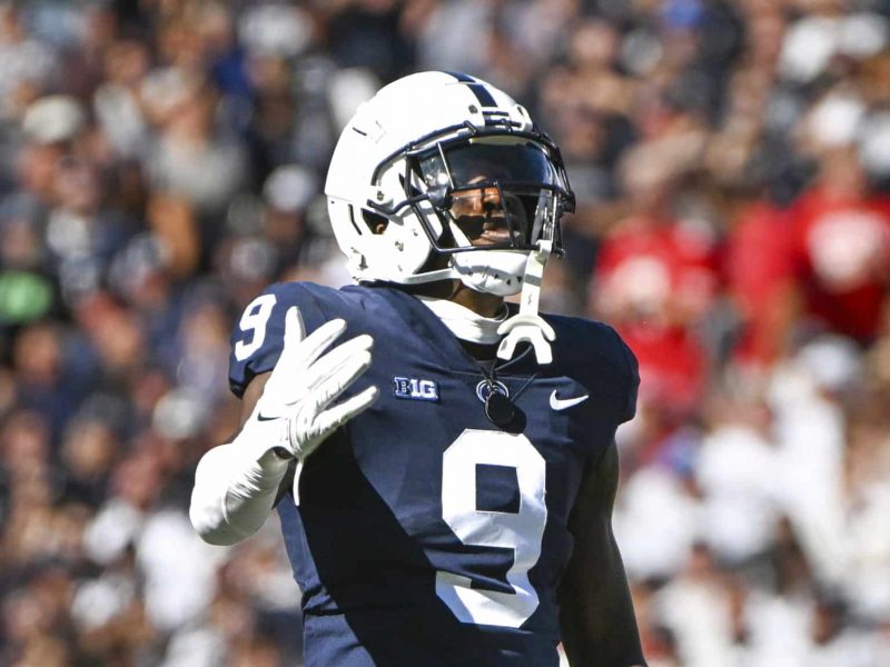 Penn State cornerback Joey Porter Jr. (9) reacts against Ohio State during an NCAA college football game, Saturday, Oct. 29, 2022, in State College, Pa. (AP Photo/Barry Reeger)