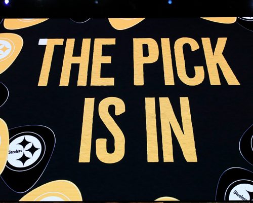 NASHVILLE, TENNESSEE - APRIL 25: A general view of a video board as the Pittsburgh Steelers pick is announced during the first round of the 2019 NFL Draft on April 25, 2019 in Nashville, Tennessee. (Photo by Andy Lyons/Getty Images)