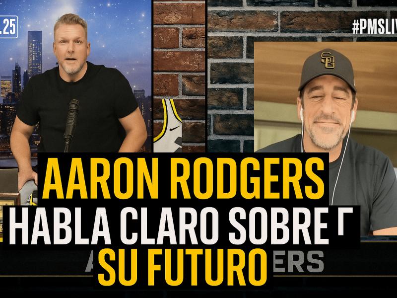 Captura con Aaron Rodgers y Pat McAfee durante la emisión del 17 de abril de 2025, con titular “Aaron Rodgers habla claro sobre su futuro” en colores negro y dorado estilo Steelers.
