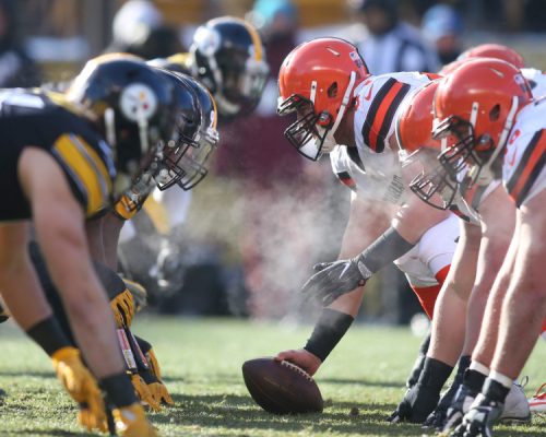 Dec 31, 2017; Pittsburgh, PA, USA;  Cleveland Browns center JC Tretter (64) prepares to snap the ball against the Pittsburgh Steelers defense during the second quarter at Heinz Field. The Steelers won 28-24. Mandatory Credit: Charles LeClaire-USA TODAY Sports