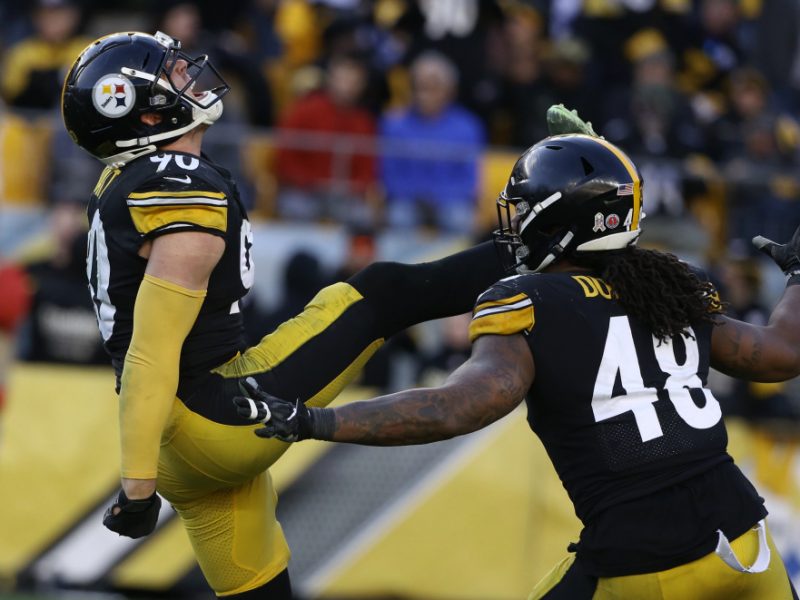 Nov 3, 2019; Pittsburgh, PA, USA;  Pittsburgh Steelers outside linebacker T.J. Watt (90) reacts with outside linebacker Bud Dupree (48) after a sack of Indianapolis Colts quarterback Brian Hoyer (not pictured) during the fourth quarter at Heinz Field. Pittsburgh won 26-24. Mandatory Credit: Charles LeClaire-USA TODAY Sports